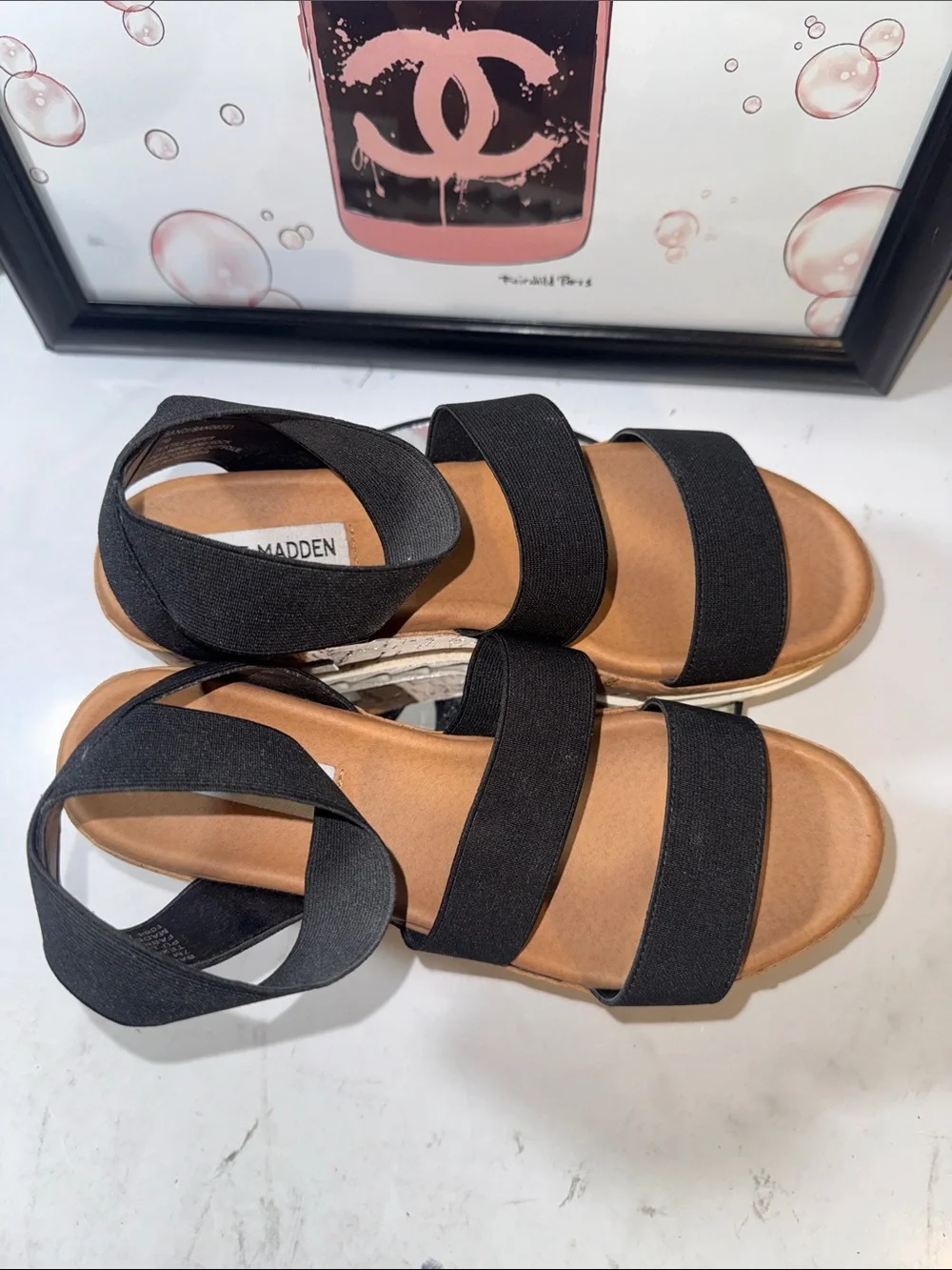 Steve Madden Women’s Bandi Black Elastic Cork Platform Sandals - Size 7M